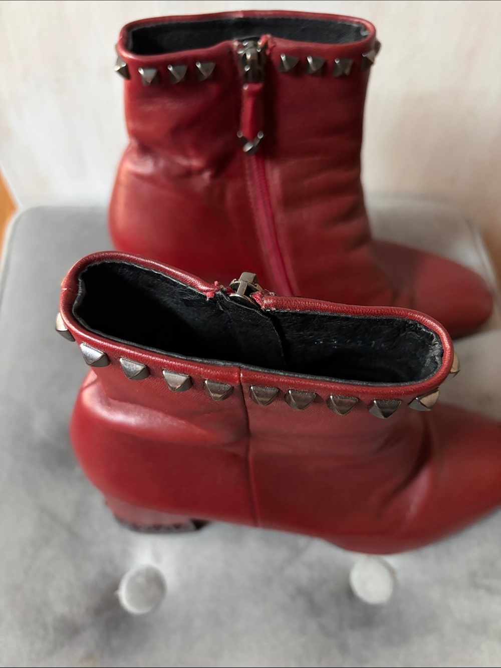 Women's Red Studded Leather Ankle Boots